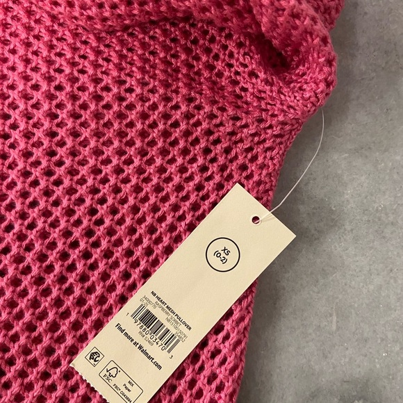 NWT No Boundaries Size XS Pink Mesh Long Sleeve Crew Neck Pullover Heart Sweater - Picture 9 of 12